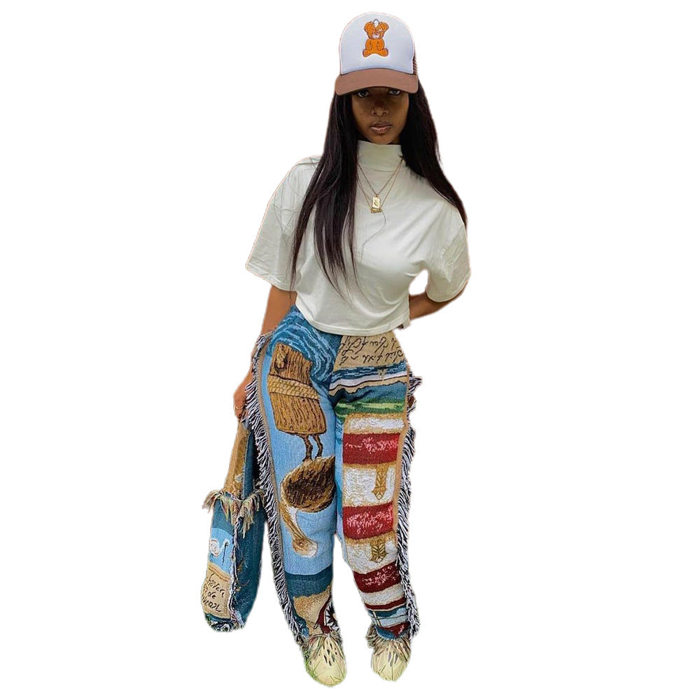 Fashion Loose Color Pattern Tassel Women's Trousers