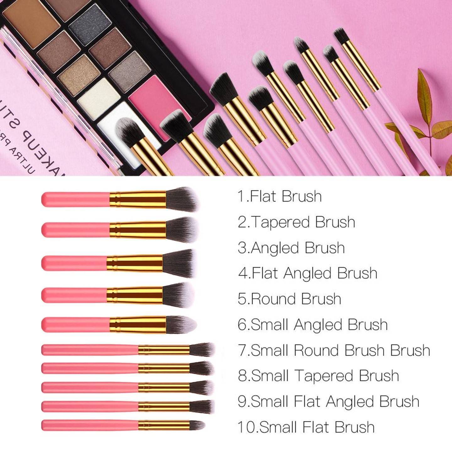 10-Piece Professional Makeup Brush Set with Bag – Soft Nylon Bristles, Golden Black Design, Portable and Reusable for Beginners and Pros
