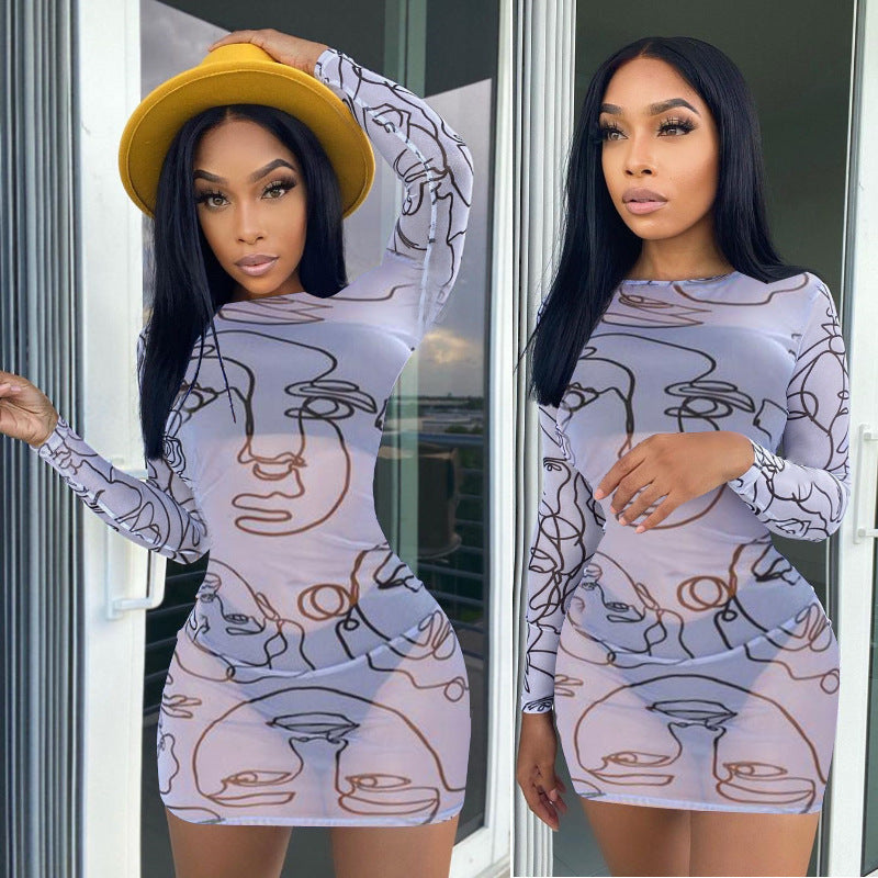 Women's Round Neck Long Sleeve Art Graffiti Slim Dress