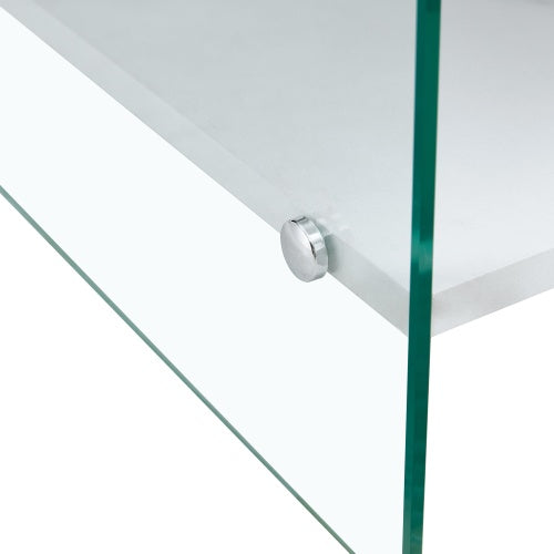 Bedside Table With Drawers. The Board Surface Is MDF Sticker, And Both Sides Are Transparent Tempered Glass. The Design Is Simple And Elegant, With Excellent Storage Functions