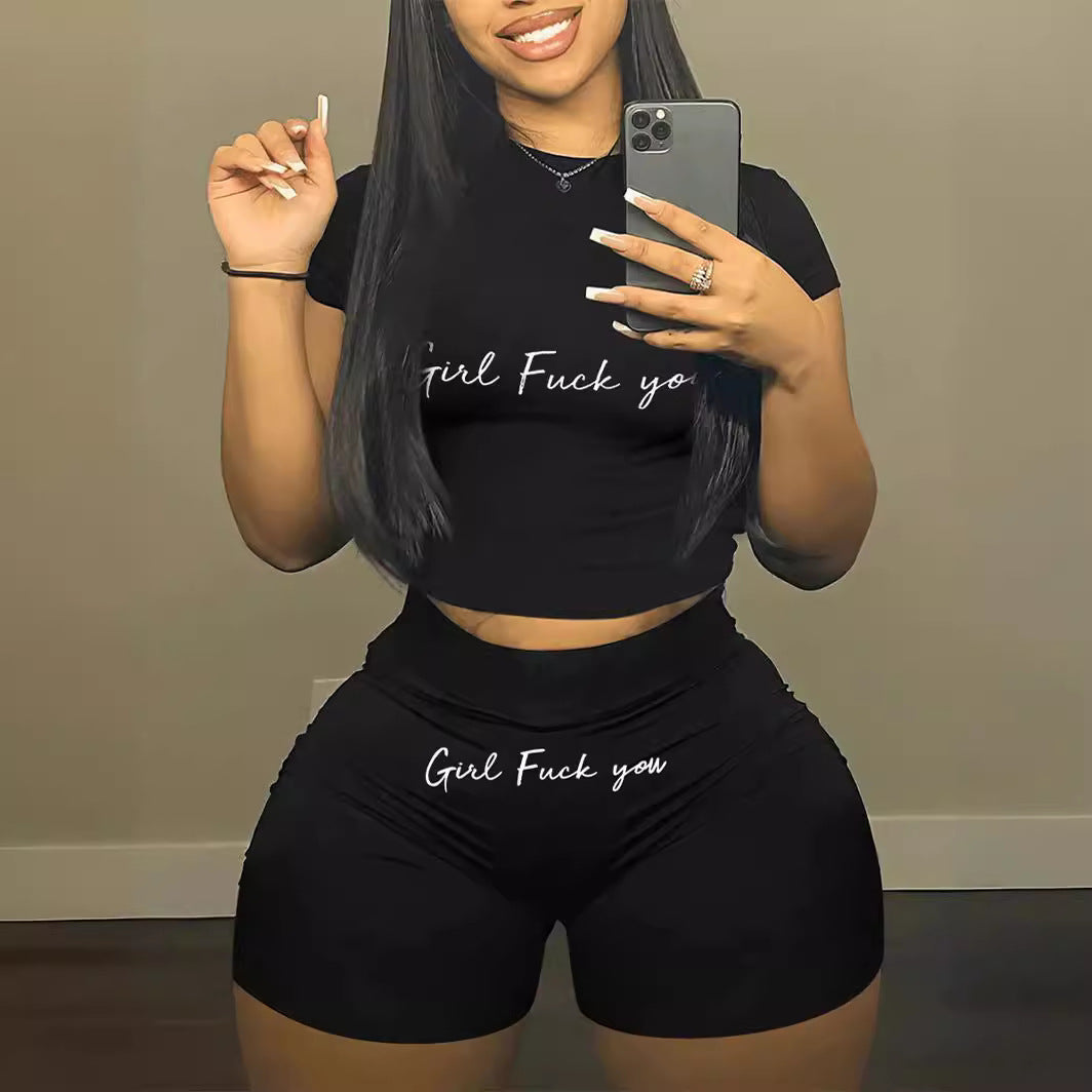 Women's Printed Sports Letter Print Short-sleeve Shorts Casual Two-piece Suit
