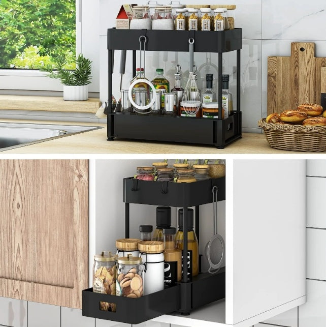 2PC Under Sink Organizer Rack 2 Tier Under Sliding Cabinet Basket Organizer Drawer With 4 Hooks, Multi-purpose Under Sink Storage For Bathroom Kitchen Desktop Black