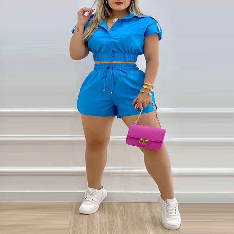 Women's Casual Fashion Solid Color Short Sleeve Button Suit