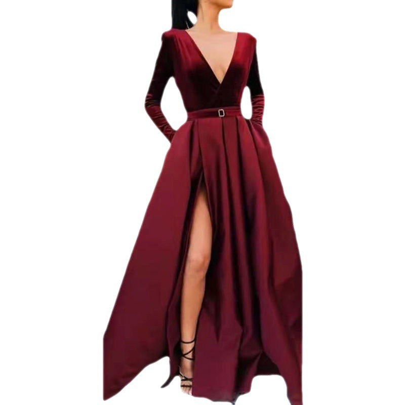Women's Deep V Long Sleeve Wine Red Dress