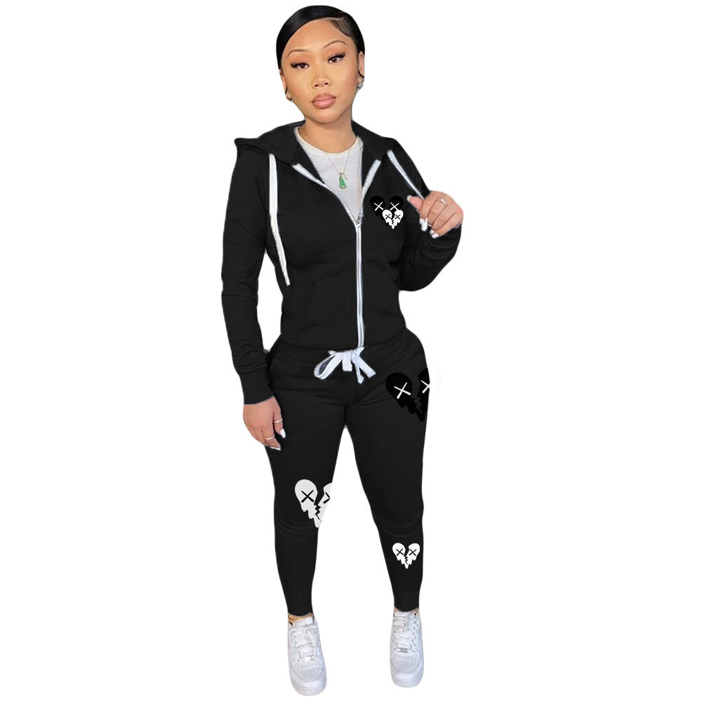 Zipper Printed Casual Hooded Sweater Set