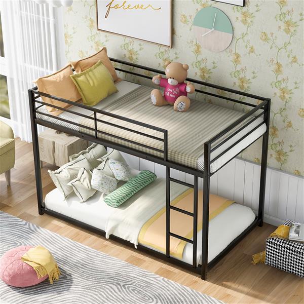 Metal Bunk Bed, Low Bunk Bed With Ladder, Black