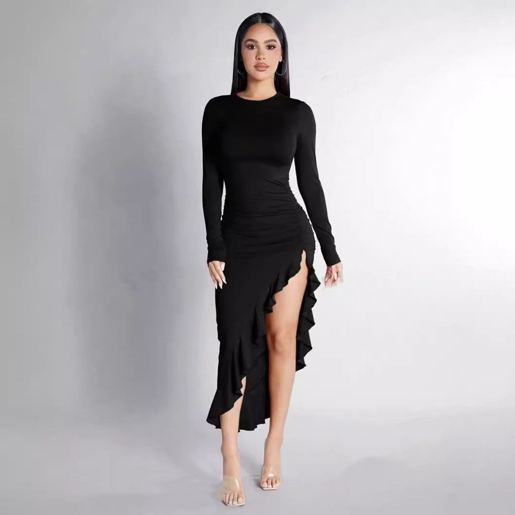 Chic Black Mid-Length Ruffled Dress with Long Sleeves and Frill Detail ShopWithASmile.com