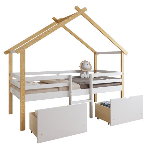 Wooden Bed, Children S Bed, 3ft Single Bed 90x190cm, MDF Pinewood Plywood, Safety Guardrail, Two Storage Drawers With Wheels,Roof Shape, White Natural