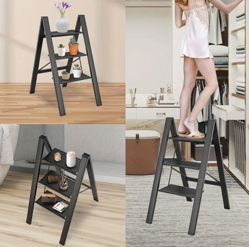 3 Step Ladder Aluminum Light Folding Step Bench Wide Non Slip Pedal 300 Lb Capacity Home Office Portable Ladder Black