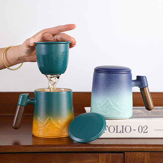 Creative Gradient Color Ceramic Mug With Tea Caddy Office ShopWithASmile7.com