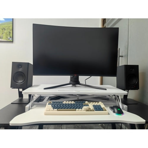 32 Inch Desk Converter, Height Adjustable Sit To Stand Riser, Dual Monitor And Laptop Workstation With Wide Keyboard Tray, White