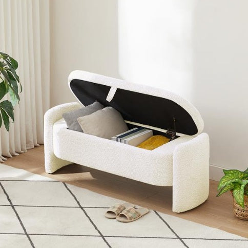 Oval Storage Bench 3D Wool Pile Bench With Large Storage Space For Living Room, Entrance And Bedroom, Cream White