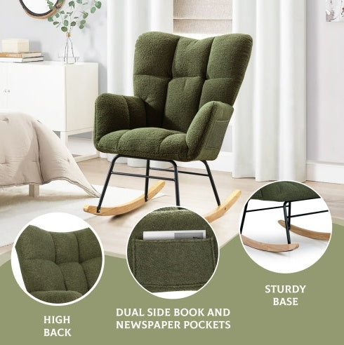 Teddy Fabric Rocking Chair, Modern Rocking Accent Chair For Nursery, Living Room, Bedroom, Deep Green ShopWithASmile7.com