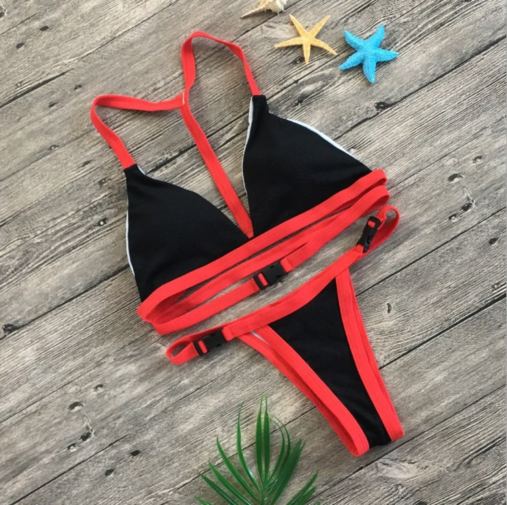 Bikini split solid color buckle swimsuit