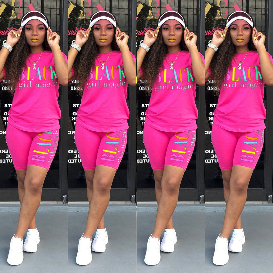 Two-piece multicolor short-sleeved shorts with letters ShopWithASmile7.com