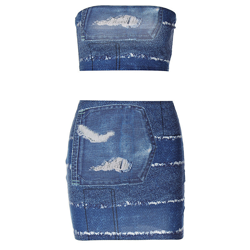 Imitation Denim Printed Small Wrap Chest And Buttocks Skirt Set