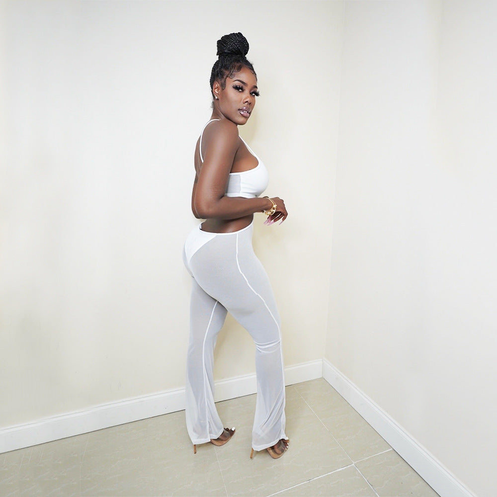Sexy Mesh See-Through Suspenders Flared Pants