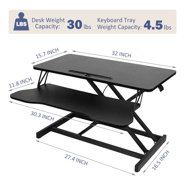 32" Height-Adjustable Standing Desk Converter – Sit-Stand Lift for Dual Monitors & Laptop with Spacious Keyboard Tray, Black