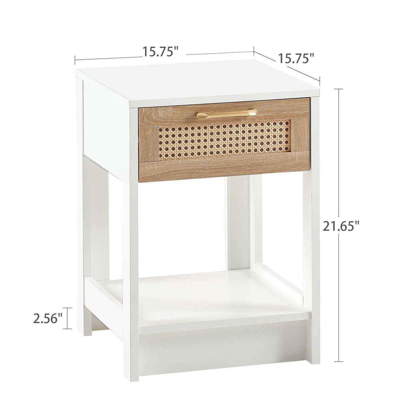 15.75-Inch Rattan Side Table with Drawers – Modern Bedside Table for Living Room or Bedroom, White