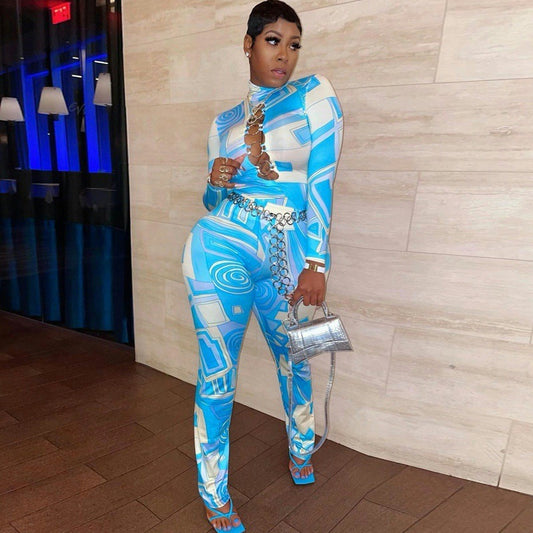 Printed Hollow Long Sleeved Top Slim Trousers Suit