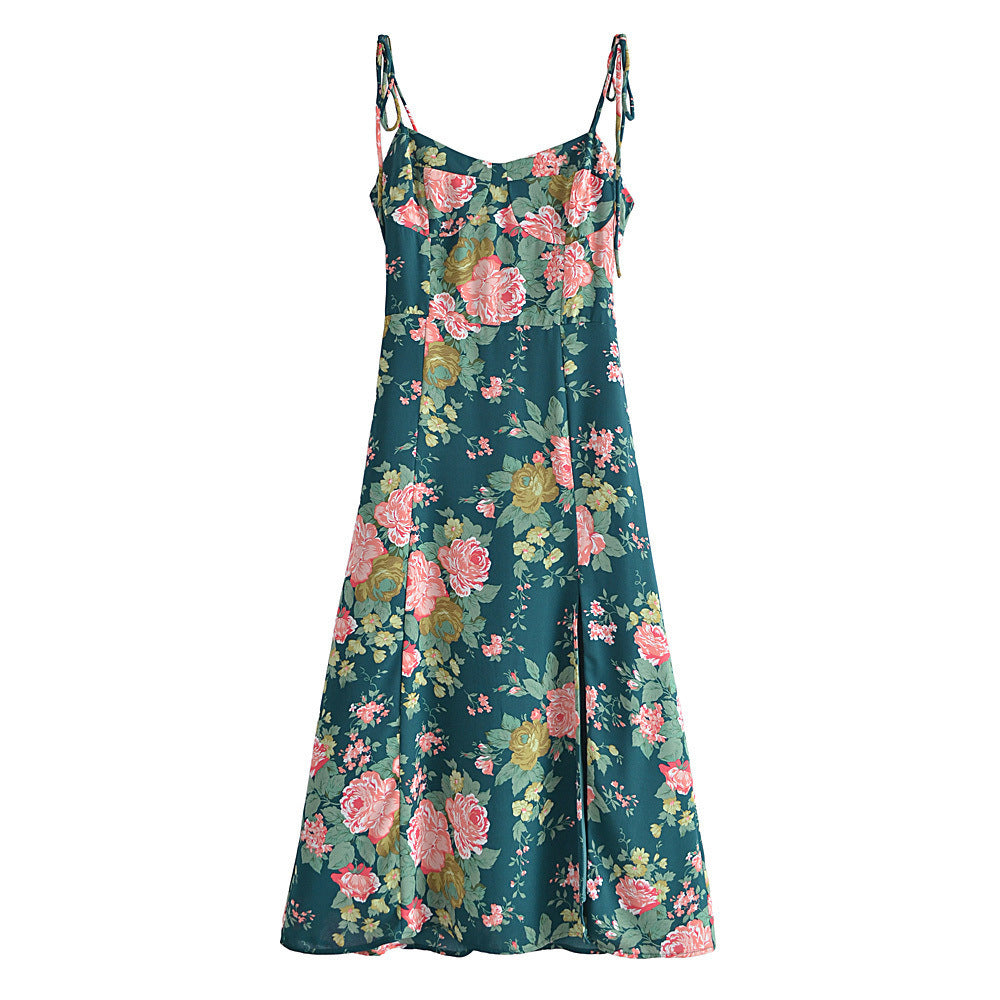 Women's Fashion Vintage Floral Print High Waist Dress