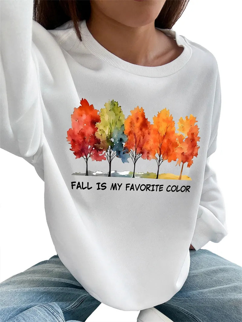 Women Basic Casual Pullover Spring Autumn Long Sleeve Maple Tree Printed Round Neck