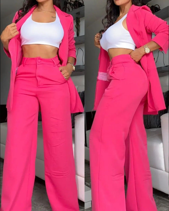Plain Color Sleeve Lapel Suit Pocket Straight-leg Pants Suit ShopWithASmile7.com