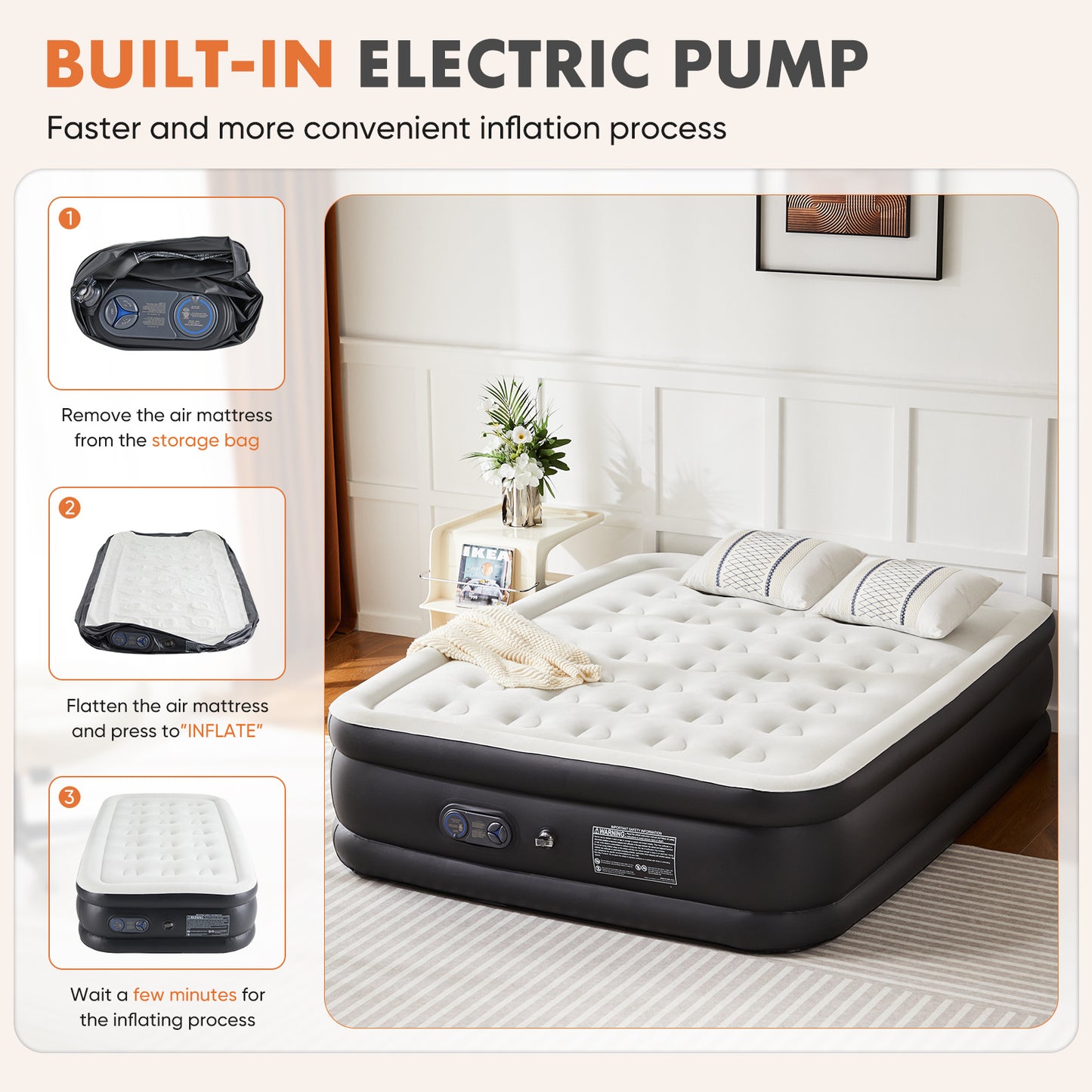 18-Inch Inflatable Mattress Air Bed with Built-In Pump – Twin & Queen Sizes, Comfortable Flocking Top, Portable & Durable for Camping, Travel, or Home Use