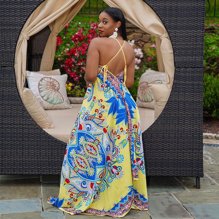 Loose Sling Print Cutout Back Jumpsuit