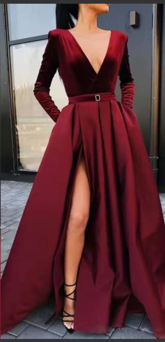Women's Deep V Long Sleeve Wine Red Dress