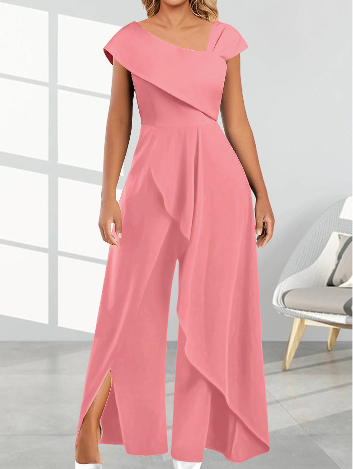 Women's Fashion Temperament Diagonal Collar Solid Color Jumpsuit ShopWithASmile7.com