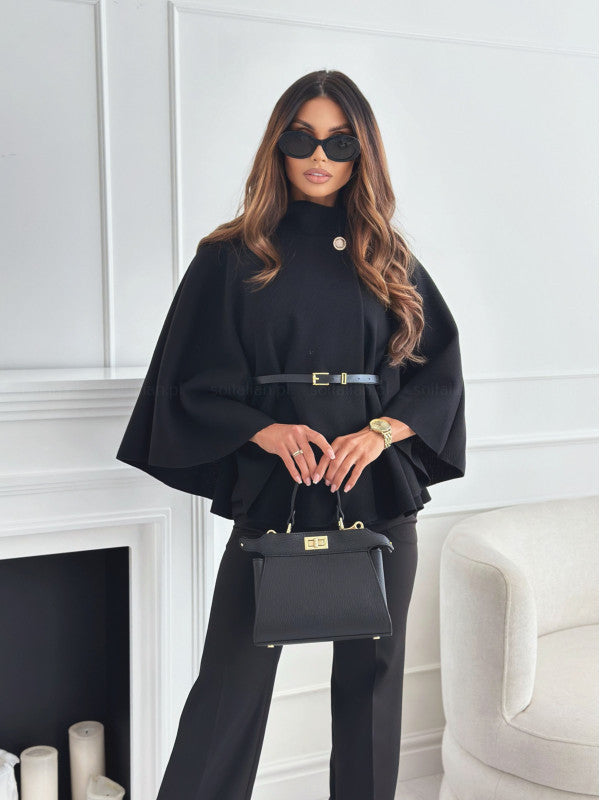New Stand Collar Batwing Sleeves Cloak Top With Belt Ins Fashion Temperament Jacket Woolen Sweater Outwear For Women Clothing My Store
