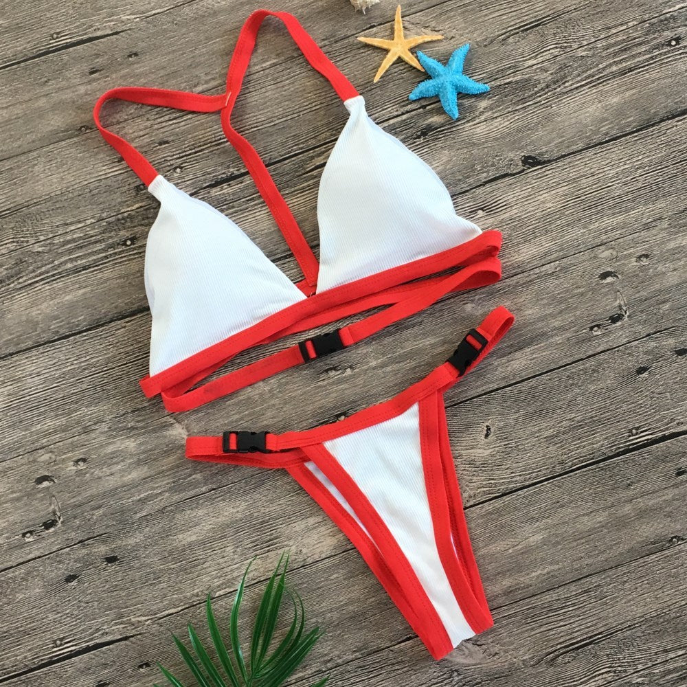 Bikini split solid color buckle swimsuit