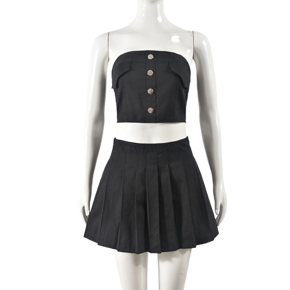 Women's Strapless Pleated Zippered Short Skirt Set