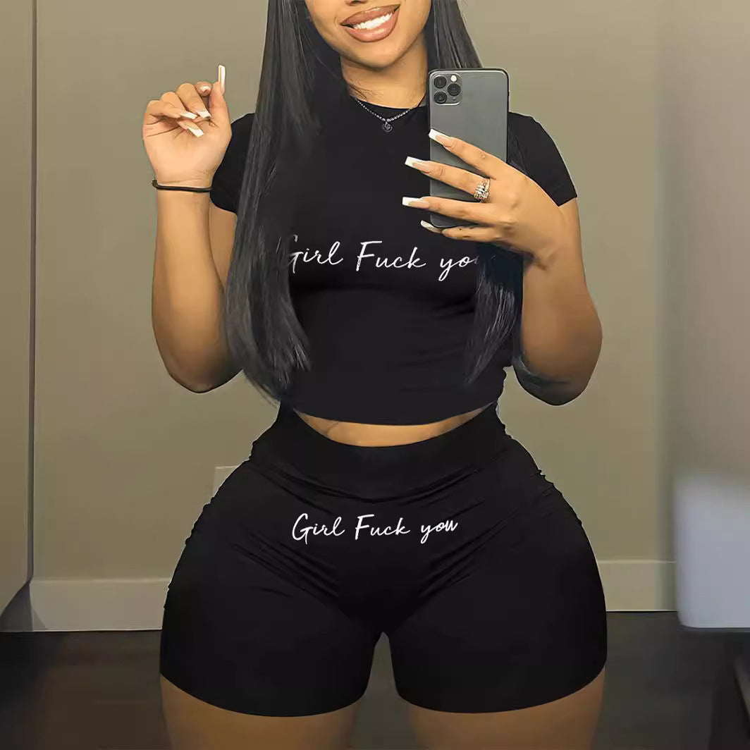 Women's Printed Sports Letter Print Short-sleeve Shorts Casual Two-piece Suit