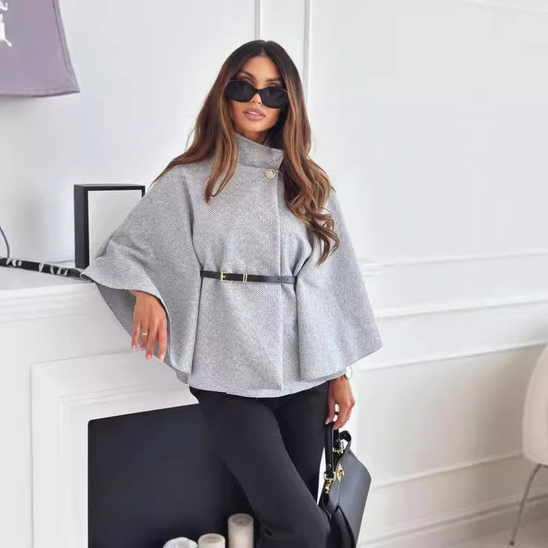 New Stand Collar Batwing Sleeves Cloak Top With Belt Ins Fashion Temperament Jacket Woolen Sweater Outwear For Women Clothing My Store