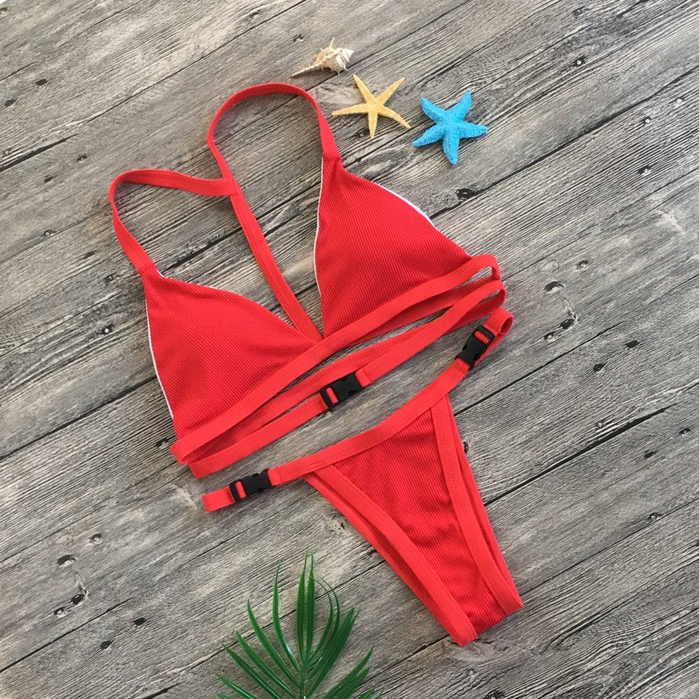 Bikini split solid color buckle swimsuit
