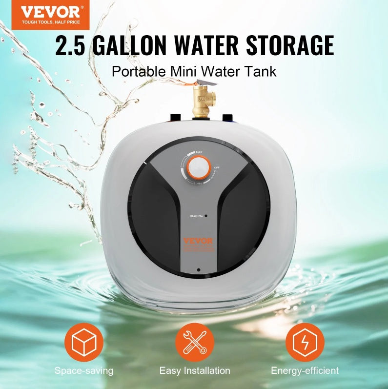 VEVOR Electric Mini-Tank Water Heater 2.5-Gallon Tank, 1440W Hot Water Boiler Storage, Safety Temperature Pressure Valve Easy Install, For Kichen Bathroom Restaurant, Shelf Wall Floor Mounted