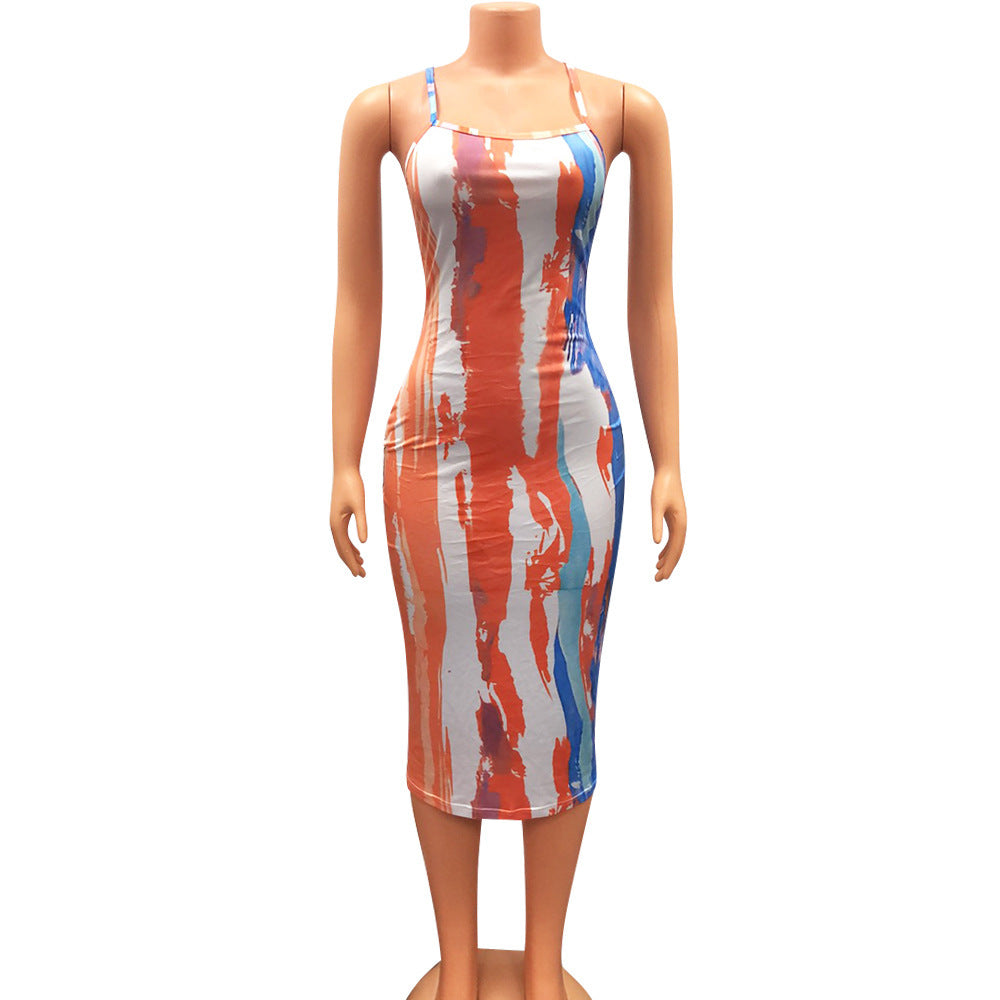Fashion Sexy Digital Print Tight Strap Dress