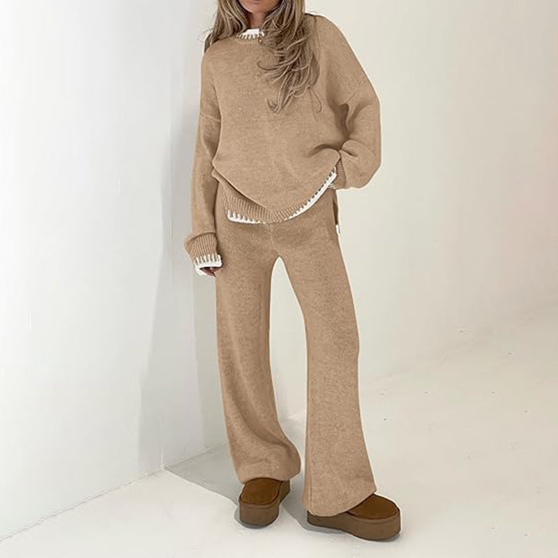 Sweater Knit Casual Long Sleeve Pullover Wide Leg Pants Suit