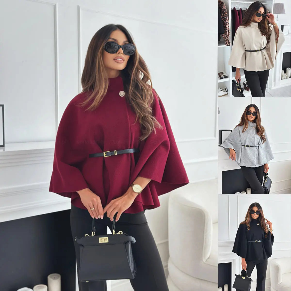 New Stand Collar Batwing Sleeves Cloak Top With Belt Ins Fashion Temperament Jacket Woolen Sweater Outwear For Women Clothing My Store