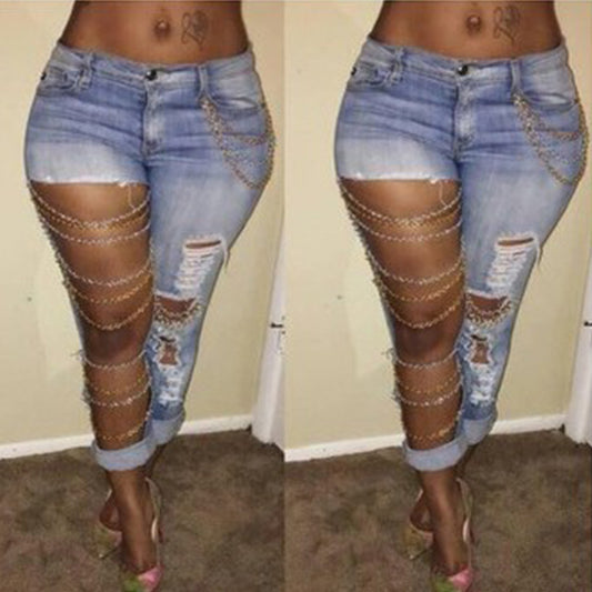 Fashionable Ripped Chain Jeans – Light Wash, High-Stretch Denim, Slim Fit Pencil Pants for Women