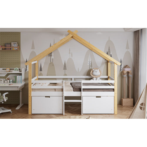 Wooden Bed, Children S Bed, 3ft Single Bed 90x190cm, MDF Pinewood Plywood, Safety Guardrail, Two Storage Drawers With Wheels,Roof Shape, White Natural