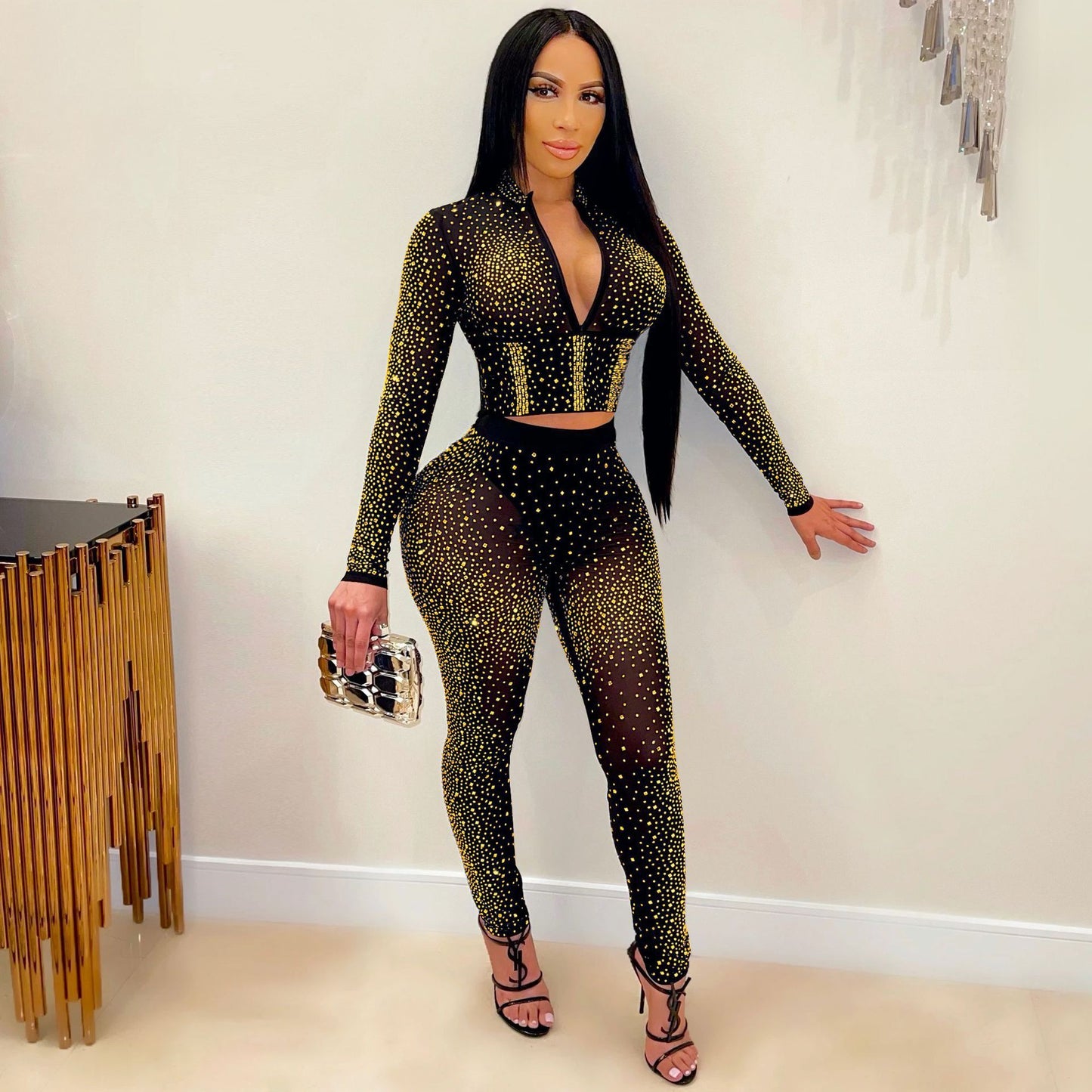 Women's Tight Mesh See-Through Long Sleeve Hot Drill Two Piece Pants Set