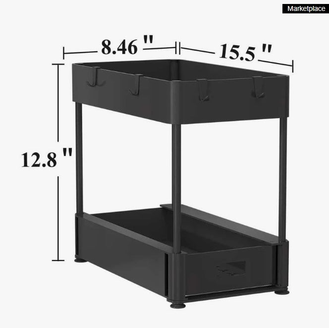 2PC Under Sink Organizer Rack 2 Tier Under Sliding Cabinet Basket Organizer Drawer With 4 Hooks, Multi-purpose Under Sink Storage For Bathroom Kitchen Desktop Black