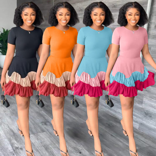 European And American Women's Clothing Summer Color Block Short Sleeve Pleated Dress