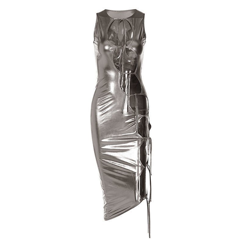 Women's Fashion Hollow Lace-up Solid Color Sleeveless Dress