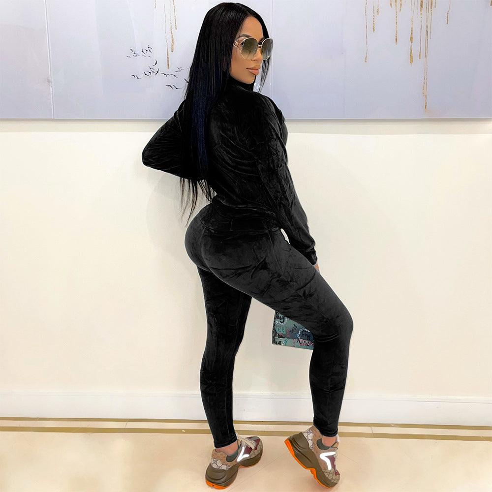 Fashion Sports And Leisure Solid Color Gold Velvet Long-Sleeved Women Pants Suit