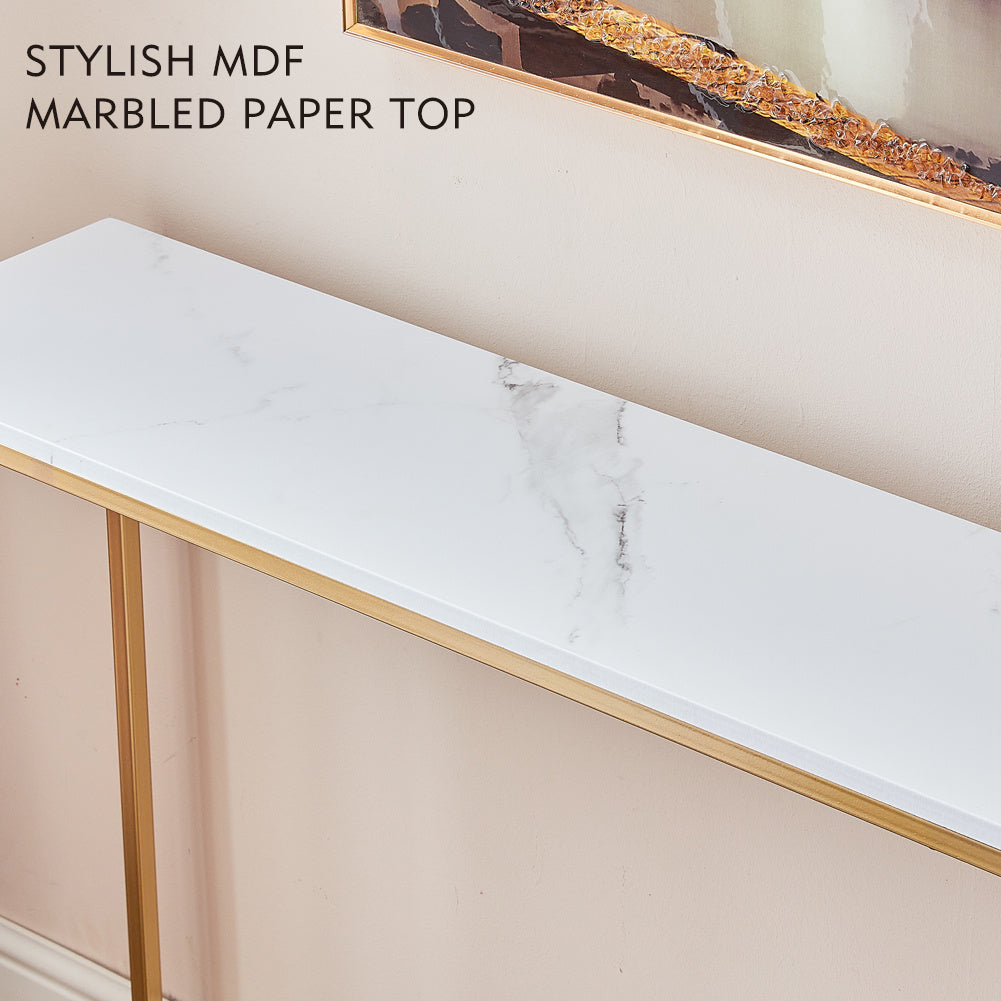 White Rectangular Marble With Gold Legs In The Hallway