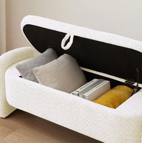 Oval Storage Bench 3D Wool Pile Bench With Large Storage Space For Living Room, Entrance And Bedroom, Cream White